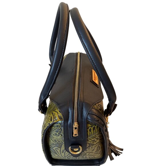 Tooled handmade olive green‎ vegan leather satchel shoulder handbag Women Large - Picture 6 of 8